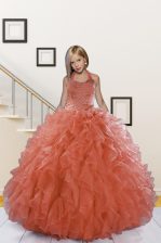 Fancy Watermelon Red Ball Gowns Organza Halter Top Sleeveless Beading and Ruffles Floor Length Lace Up Little Girl Pageant Gowns