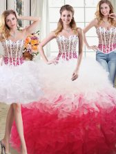  Three Piece Floor Length Lace Up Ball Gown Prom Dress White and Red for Military Ball and Sweet 16 and Quinceanera with Beading and Ruffles