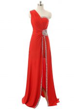 Clearance One Shoulder Floor Length A-line Sleeveless Red Evening Dress Zipper
