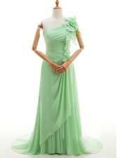 One Shoulder Ruffles and Hand Made Flower Homecoming Dress Green Lace Up Sleeveless With Train Sweep Train