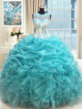 Stylish Scoop Pick Ups Floor Length Ball Gowns Sleeveless Aqua Blue Quinceanera Gown Zipper