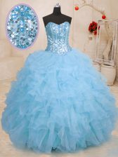 Dramatic Baby Blue Quinceanera Gowns Military Ball and Sweet 16 and Quinceanera with Beading and Ruffles Sweetheart Sleeveless Lace Up