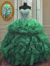 Edgy Beading and Ruffles Quince Ball Gowns Green Lace Up Sleeveless Floor Length