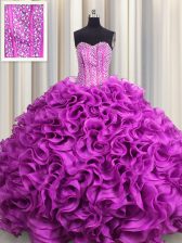  Visible Boning Fuchsia Organza Lace Up Sweetheart Sleeveless Floor Length Sweet 16 Dress Beading and Ruffles