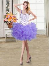 Lavender Lace Up Straps Beading and Ruffles Homecoming Dress Organza Sleeveless