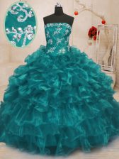 Exquisite Floor Length Turquoise 15 Quinceanera Dress Organza Sleeveless Beading and Appliques and Ruffles
