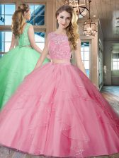Attractive Rose Pink Lace Up Quinceanera Gowns Lace and Ruffles Sleeveless With Brush Train