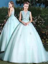 Shining Light Blue Sweet 16 Quinceanera Dress Military Ball and Sweet 16 and Quinceanera with Beading and Appliques Scoop Sleeveless Brush Train Lace Up