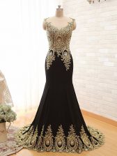Sexy Scoop With Train Black Prom Evening Gown Elastic Woven Satin Brush Train Sleeveless Beading and Appliques