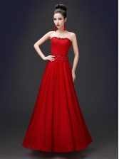 Deluxe Chiffon Strapless Sleeveless Lace Up Beading and Appliques Dress for Prom in Red