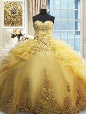 Low Price Gold Lace Up Quince Ball Gowns Beading and Appliques and Ruffles Sleeveless Floor Length