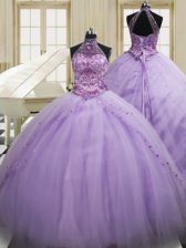 Designer Halter Top Lavender Ball Gowns Beading and Embroidery Ball Gown Prom Dress Lace Up Tulle Sleeveless