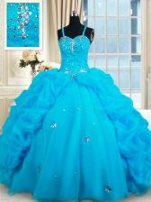 Popular Baby Blue Ball Gowns Organza Straps Sleeveless Beading and Pick Ups Floor Length Lace Up Quinceanera Gown
