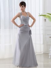  Halter Top Sleeveless Homecoming Dress Floor Length Beading and Ruching Grey Satin