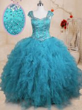 Charming Cap Sleeves Floor Length Beading and Ruffles Lace Up Ball Gown Prom Dress with Baby Blue