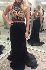 Designer Empire Sleeveless Black Prom Gown Brush Train Backless