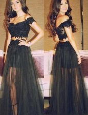  Off the Shoulder Floor Length Black Prom Party Dress Lace Sleeveless Lace