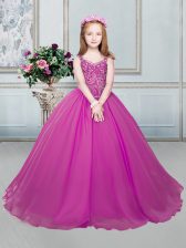  Straps Fuchsia Organza Lace Up Child Pageant Dress Sleeveless Floor Length Beading