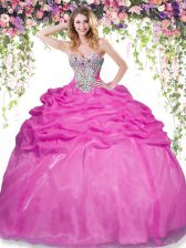 Pretty Hot Pink Sweet 16 Quinceanera Dress Military Ball and Sweet 16 and Quinceanera with Beading and Pick Ups Sweetheart Sleeveless Lace Up