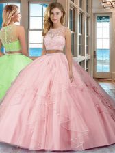 Fine Scoop Baby Pink Two Pieces Beading and Ruffles Ball Gown Prom Dress Zipper Tulle Sleeveless Floor Length