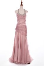 Customized Halter Top Pink Column/Sheath Beading Evening Dress Side Zipper Organza and Taffeta Sleeveless With Train