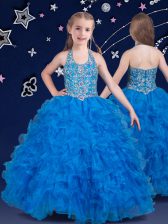 Fashion Halter Top Floor Length Ball Gowns Sleeveless Baby Blue Girls Pageant Dresses Zipper