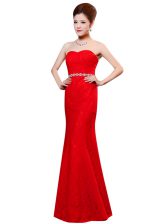 Vintage Red Column/Sheath Sweetheart Sleeveless Lace Floor Length Zipper Beading and Lace Prom Gown