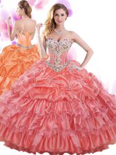 Admirable Floor Length Lace Up Quinceanera Gowns Watermelon Red for Military Ball and Sweet 16 and Quinceanera with Beading and Ruffled Layers and Pick Ups