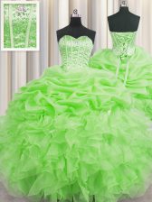 Top Selling Visible Boning Ball Gowns Beading and Ruffles and Pick Ups Quinceanera Dress Lace Up Organza Sleeveless Floor Length