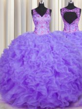 Modest Lavender V-neck Backless Beading and Appliques and Ruffles 15 Quinceanera Dress Sleeveless