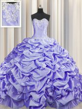 Stunning Brush Train Taffeta Sleeveless Ball Gown Prom Dress Sweep Train and Beading and Pick Ups