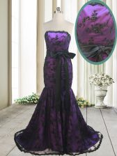  Mermaid With Train Lace Up Prom Evening Gown Purple for Prom and Party with Bowknot and Belt Sweep Train