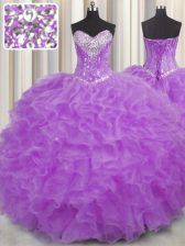  Organza Halter Top Sleeveless Lace Up Beading and Ruffles Sweet 16 Quinceanera Dress in Purple