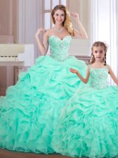Fitting Sleeveless Floor Length Beading and Ruffles and Pick Ups Lace Up Quinceanera Gown with Apple Green
