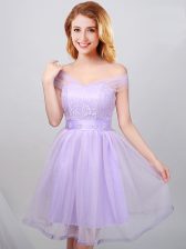  Lavender Tulle Lace Up Off The Shoulder Short Sleeves Mini Length Dama Dress Lace and Appliques and Belt