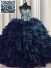 Glittering Visible Boning Bling-bling Navy Blue Lace Up Sweetheart Beading and Ruffles Quinceanera Gowns Organza Sleeveless Brush Train