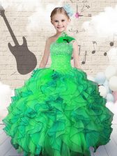New Style One Shoulder Beading and Ruffles Little Girls Pageant Gowns Green Lace Up Sleeveless Floor Length