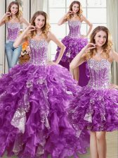 Simple Four Piece Sequins Floor Length Purple Quince Ball Gowns Sweetheart Sleeveless Lace Up