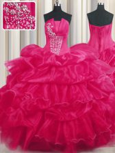 Flare Hot Pink Strapless Lace Up Beading and Ruffled Layers and Pick Ups Quinceanera Dress Sleeveless