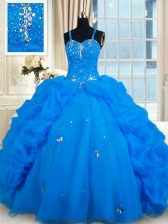  Blue Ball Gowns Organza Spaghetti Straps Sleeveless Beading and Pick Ups Floor Length Lace Up Vestidos de Quinceanera