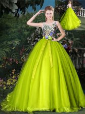  Court Train Scoop Yellow Green A-line Beading and Appliques and Belt Quinceanera Gowns Lace Up Organza Sleeveless