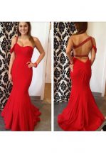 Excellent Red Mermaid Chiffon One Shoulder Sleeveless Beading Floor Length Criss Cross Homecoming Dress