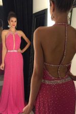 Dynamic Hot Pink Prom Gown Scoop Sleeveless Sweep Train Backless
