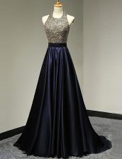  Navy Blue Column/Sheath Halter Top Sleeveless Satin With Brush Train Backless Beading Prom Party Dress