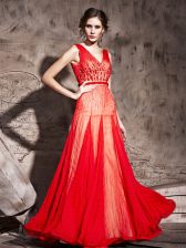 Dazzling Chiffon Straps Sleeveless Zipper Beading Dress for Prom in Red