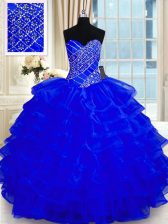 Elegant Ruffled Floor Length Royal Blue Quinceanera Gowns Sweetheart Sleeveless Lace Up