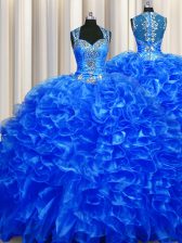  Zipper Up See Through Back With Train Royal Blue Quinceanera Dresses Straps Sleeveless Sweep Train Zipper