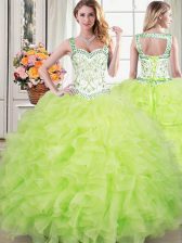  Yellow Green 15 Quinceanera Dress Military Ball and Sweet 16 and Quinceanera with Beading and Lace and Ruffles Straps Sleeveless Lace Up