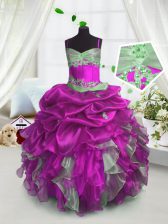  Fuchsia Spaghetti Straps Neckline Beading and Ruffles and Pick Ups Little Girl Pageant Dress Sleeveless Lace Up