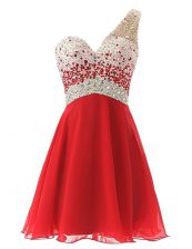  Red One Shoulder Criss Cross Beading Prom Party Dress Sleeveless